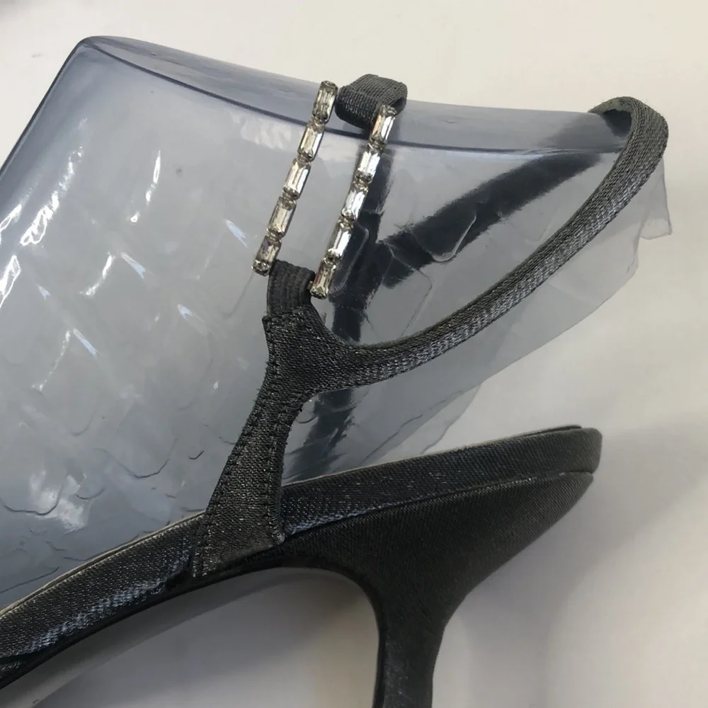 Stuart Weitzman silver metallic pointy square toe kitten heel slingbacks